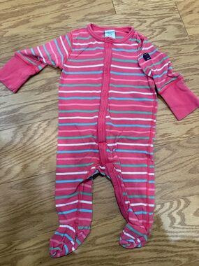 Polarn O. Pyret Pink and Mint Striped Footed One-Piece